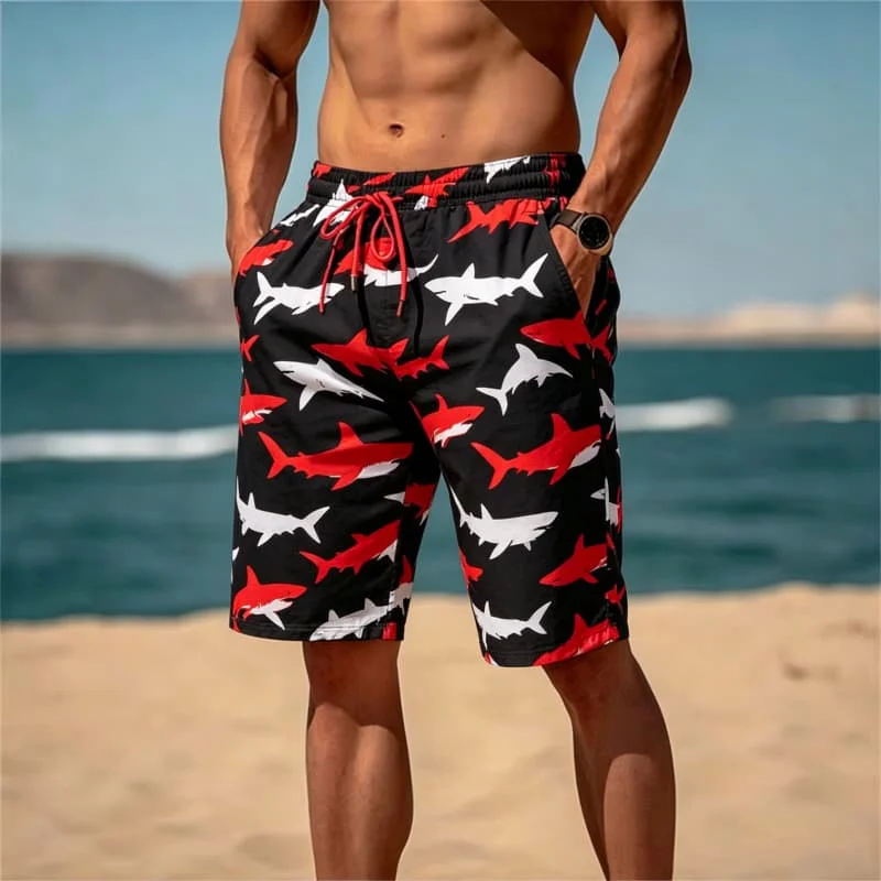 Men's marine organism printed quick drying beach shorts, lightweight and breathable, for beach travel and summer vacation