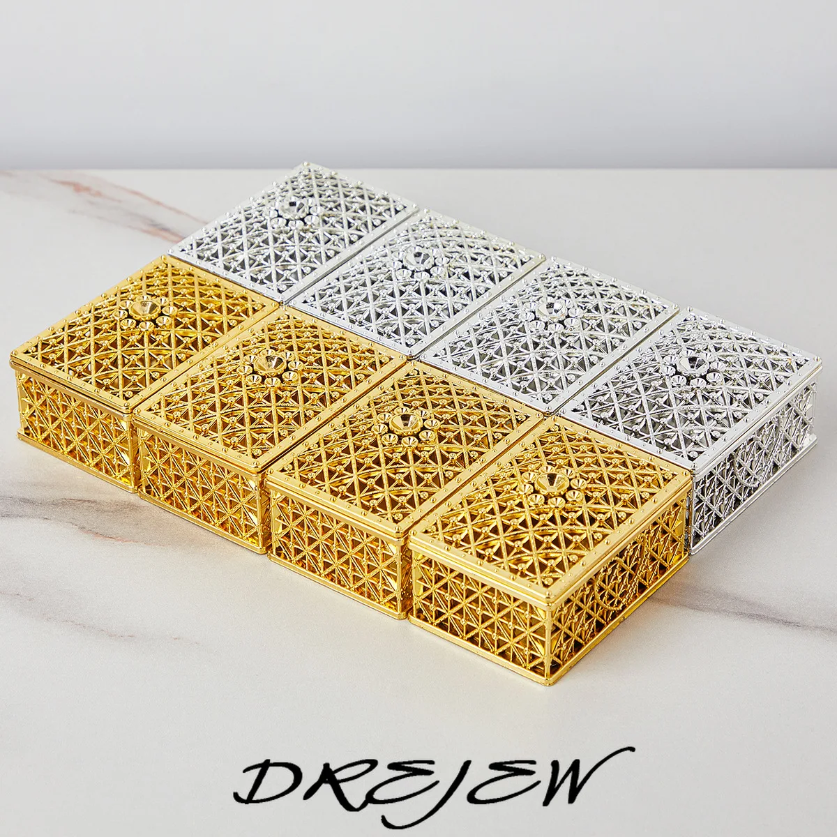 DREJEW Electroplated Gold and Silver Box Party Decoration Sugar Box Hollow Flash Diamond Rectangular Wedding Sugar Box