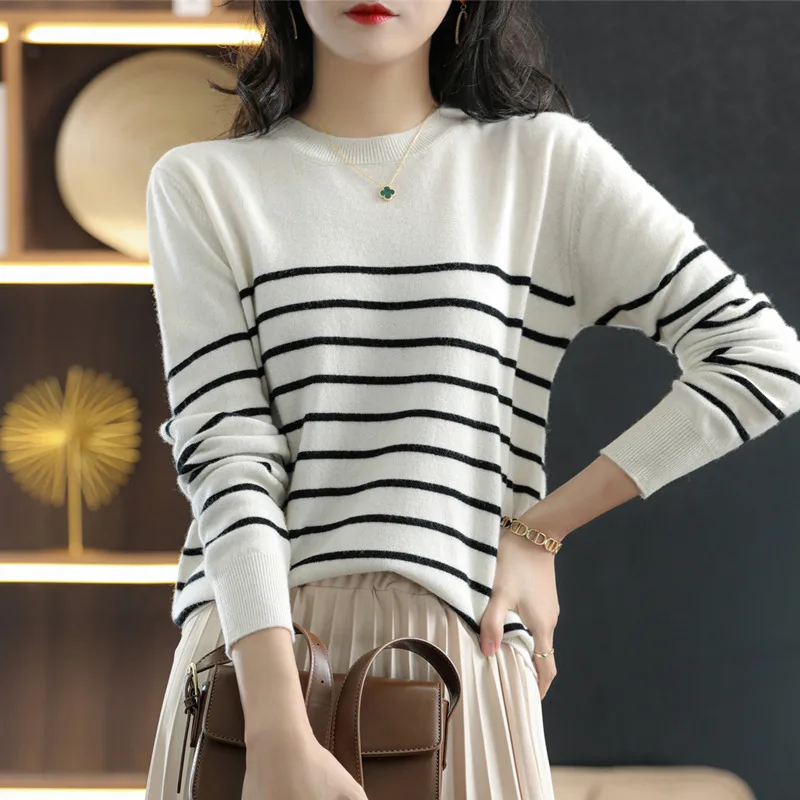 Pure Cotton Line Stripe Pop Sweater Women\'s Spring And Autumn Blouse Round Neck Knit Loose Inside With Outside Wear Bottom SMY18