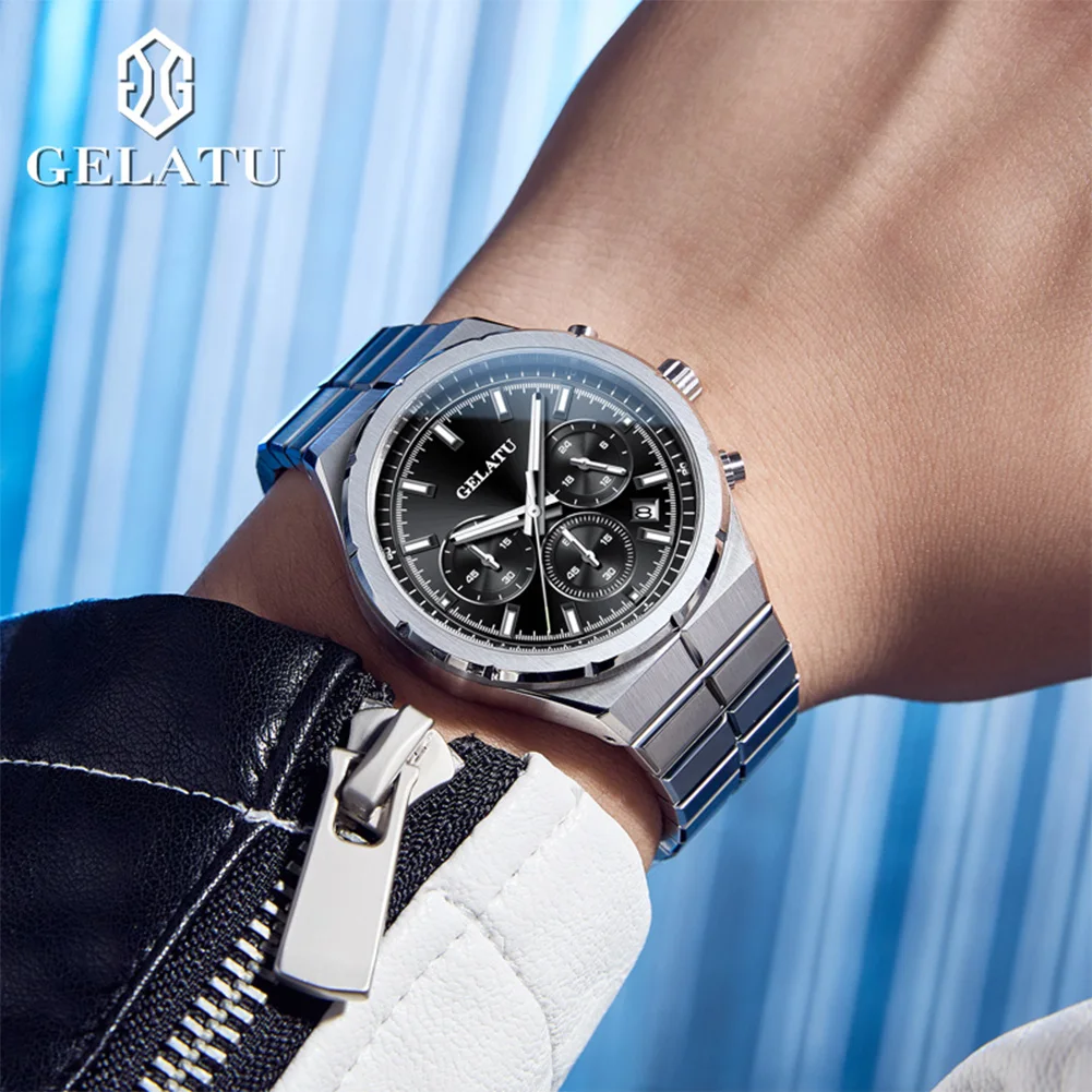 GELATU 8001 Luxury Men Watch Brand High end Quartz Watch Stainless Steel Waterproof Luminous Calendar Window Men Sports Watch