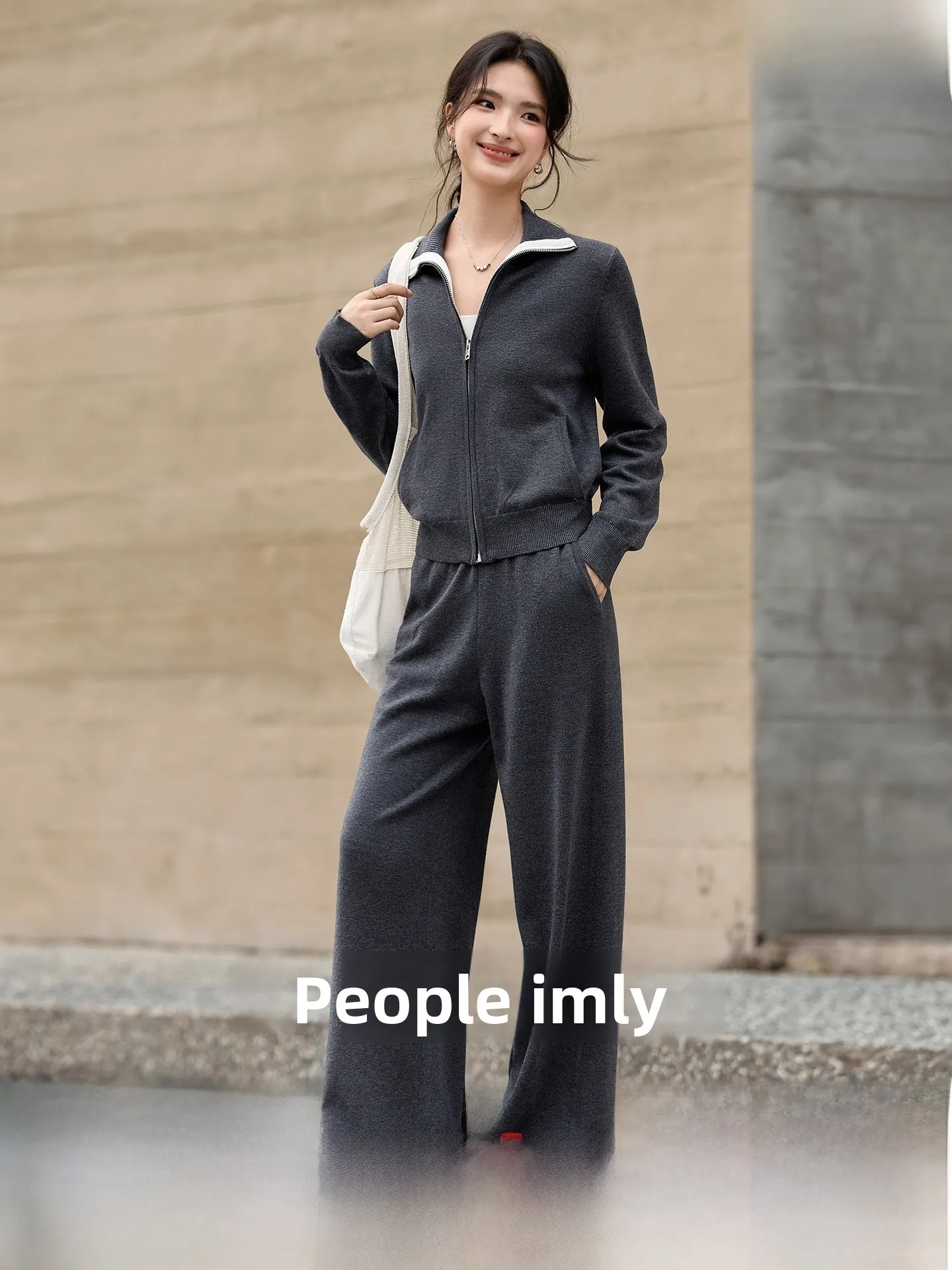 

Women's Knitted Zipper Collar Set Wide Leg Pants Two-Piece Suit Casual Sle Long Sve Autumn Faion Vimaly Brand