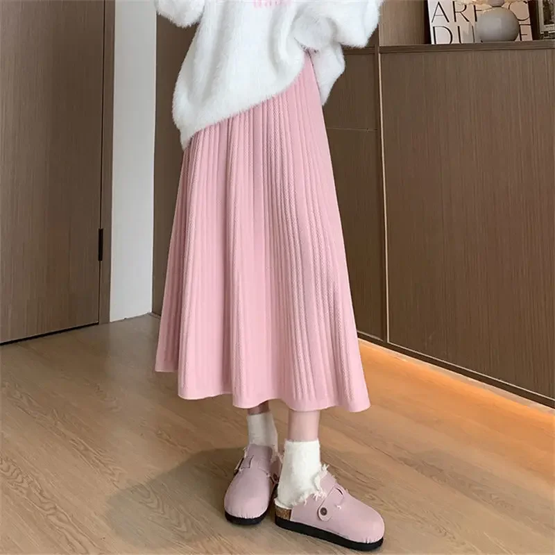 Korean knitted pleated skirt high waist A-line swing umbrella knee length mid soft and sticky thread