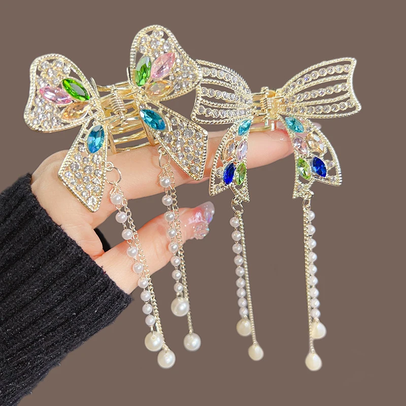 

New Colored Crystal Stones Butterfly Tassel Pearl Hair Claw Festival Hairpin For Girls Hair Clips Women Fashion Accessories