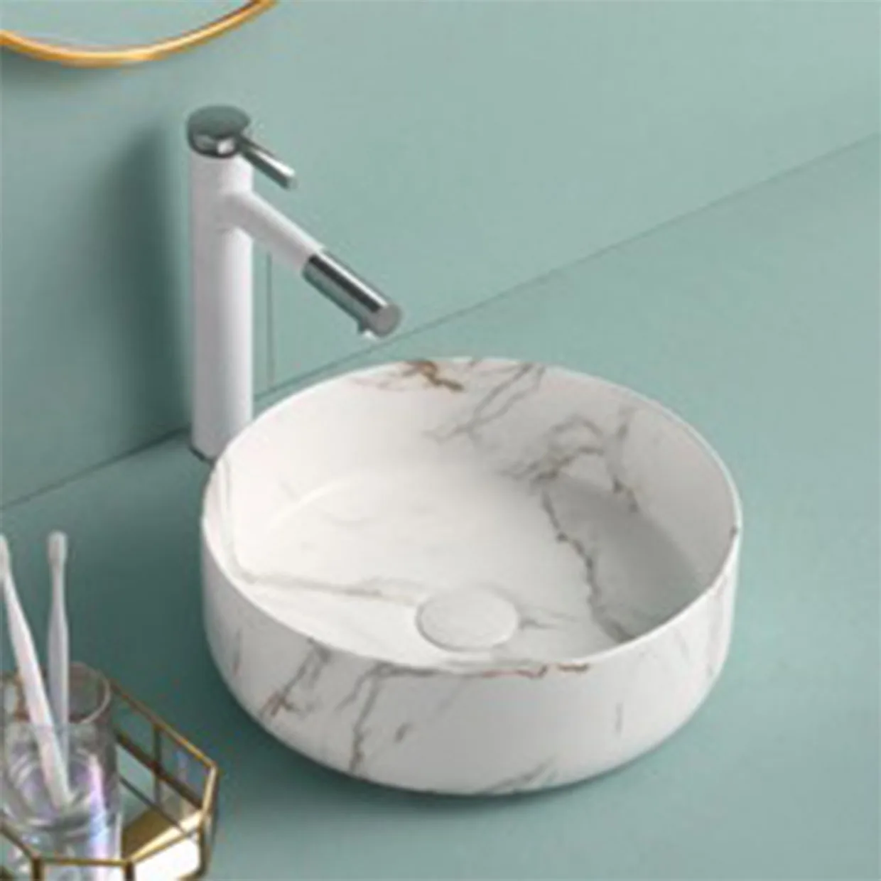 

Round Bathroom Sink Ceramic Washbasin Balcony Countertop Sinks Light Luxury Style Hotel Basin Nordic Art Basin 355*355*120MM