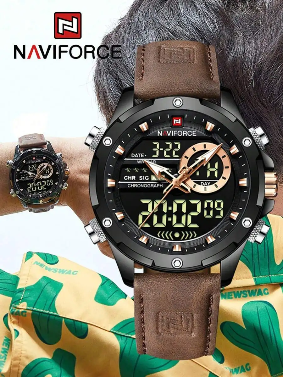 NAVIFORCE Men's Luxury Quartz Watch, Military LED Digital Waterproof Wristwatch, Sports Chronograph, Men's Clock