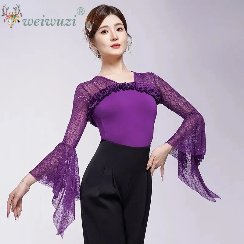 Latin Dance Practice Clothes Waltz Long Sleeves Comfortable Modern Dance Top Women's Shiny Tango Chacha Ballroom Dance Clothing