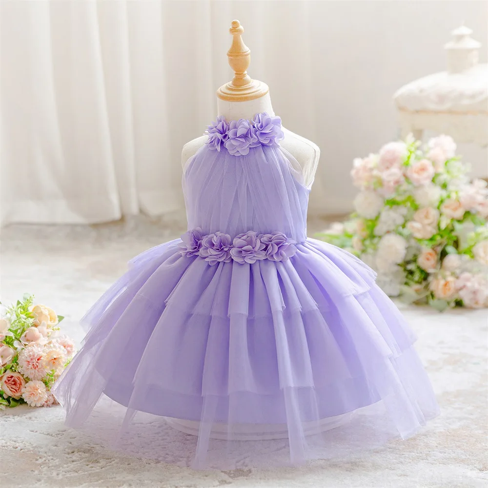 Little Girl Purple Halter Dress Flower Trim Tulle Layered Ball Gown Kids Birthday Formal Dress Christening Ceremony Wear ASQ03