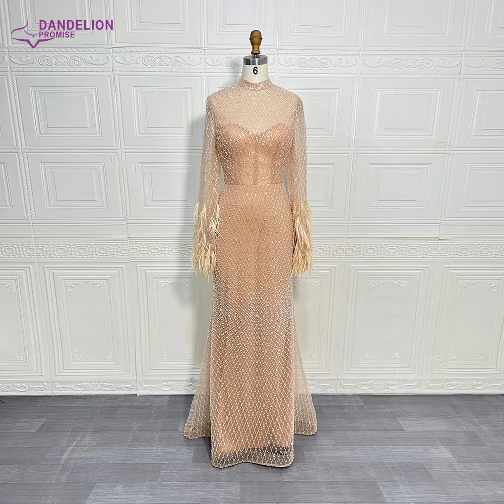 Luxury Dubai Feathers Nude Evening Dresses 2024 Long Sleeves Beaded Elegant High Neck Arabic Wedding Formal Party Gowns