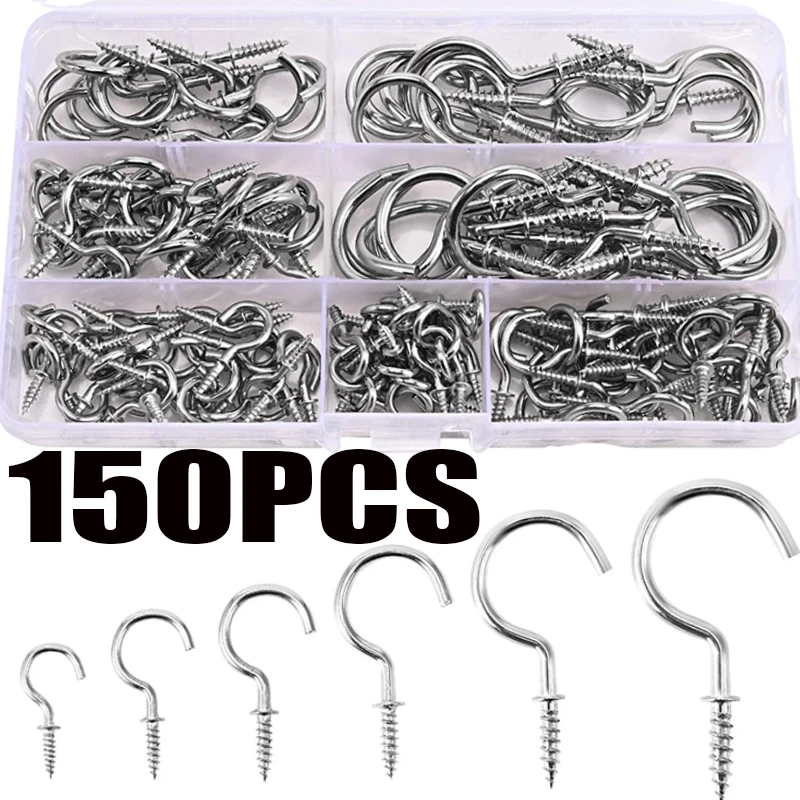 

150pcs Screw Hooks Heavy Duty Cup Hooks Shouldered Screw Hanging Hat Coat Peg Hanger Ceiling Hook For Hardware Tools 7 Sizes