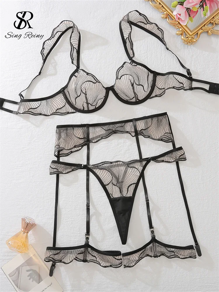 

SINGREINY Transparent Sensual Gauze Erotic Underwear Sets Fashion Garter Sleepwear 2025 Female Sheer Skinny Sexuality Bra Sets