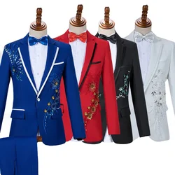 Fashion Men Luxurious Wedding Suit 2-piece Blue / Black Trendy Singer Host Dance Party Decal Dress Set Slim Male Blazer and Pant