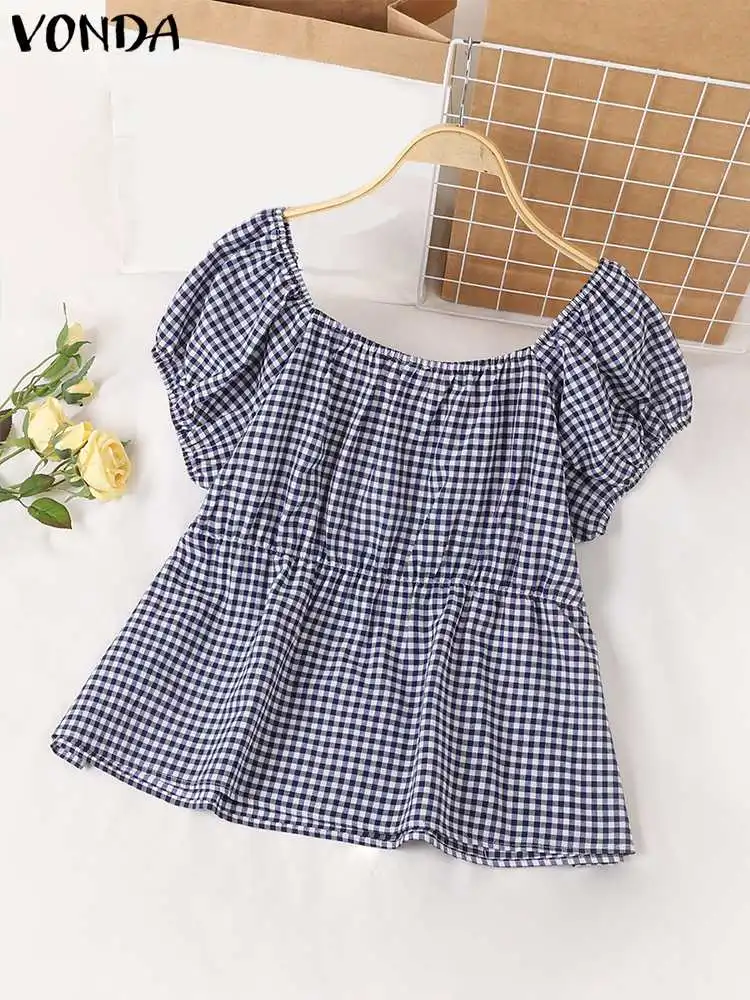 VONDA Women Fashion Plaid Blouse 2024 Summer Short Sleeve V Neck Checked Casual Shirt Bandage Bohemian Tops Blusas Femininas