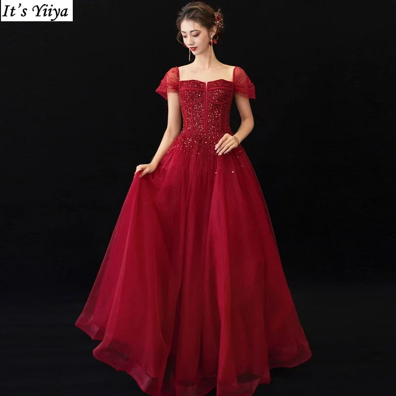 

It's Yiiya Customized Evening Dresses Wine Red Handmade Beads Square Collar Short Sleeves Floor-Length Woman Formal Party Gowns