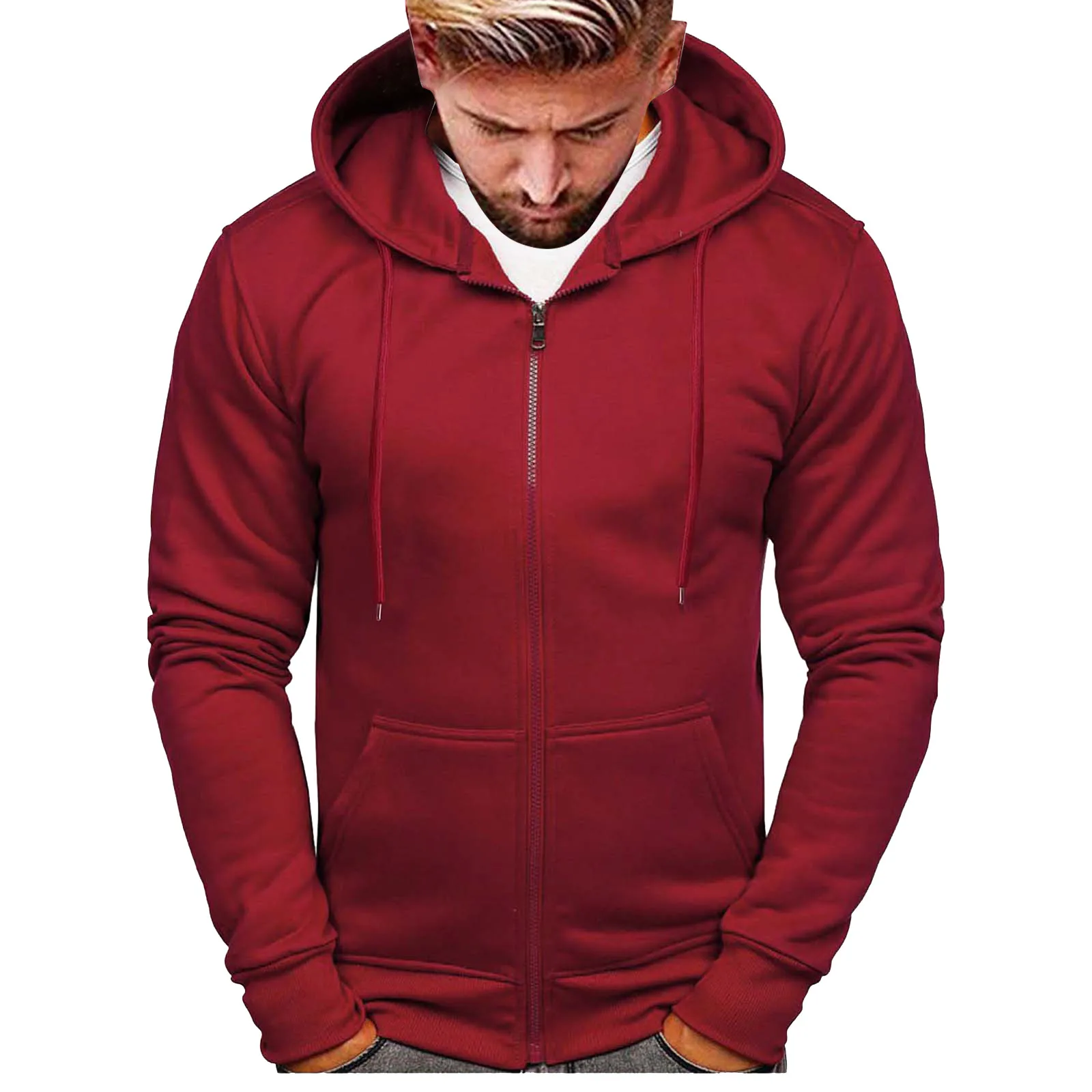 Men's Plus Size Sport Casual Zipper Fleece Jackets Solid Color Long Sleeve Pocket Outwears Hooded Sweatshirts Autumn Clothing