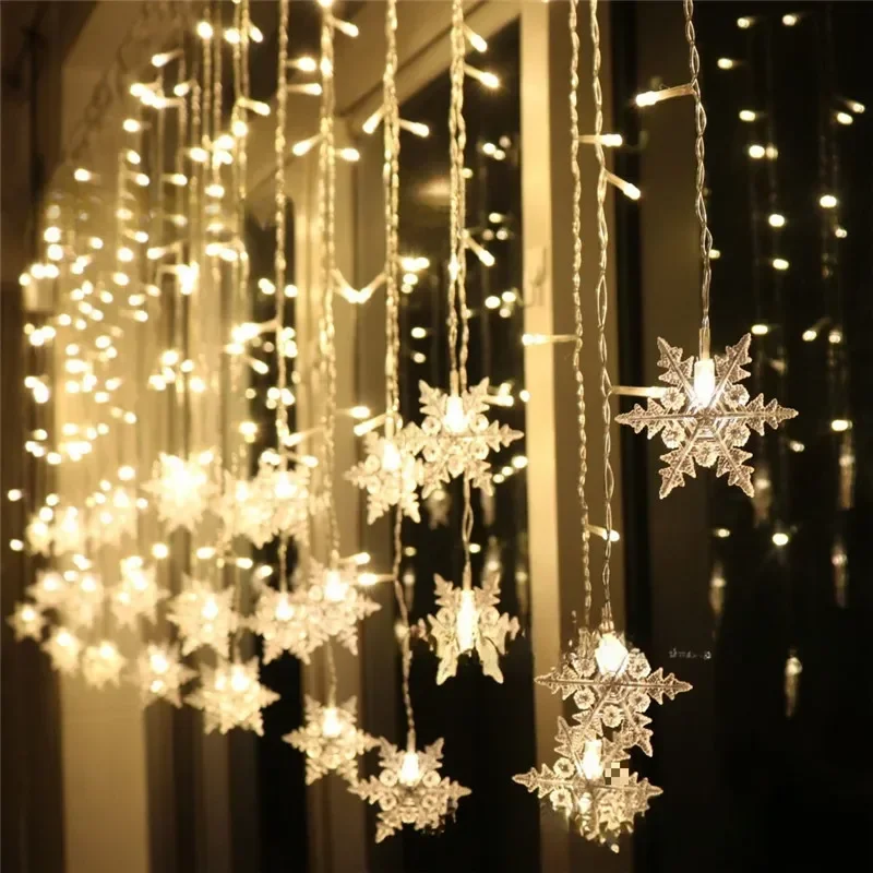 Flocos de neve led cortina luzes da corda, luz da cortina da janela de natal plugue da ue 220v para o quarto pátio natal festa de aniversário do casamento