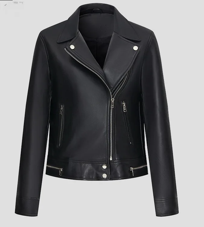 سترة جلدية قصيرة للنساء مع ياقة قلابة سترة جلدية على طراز الدراجة النارية #5