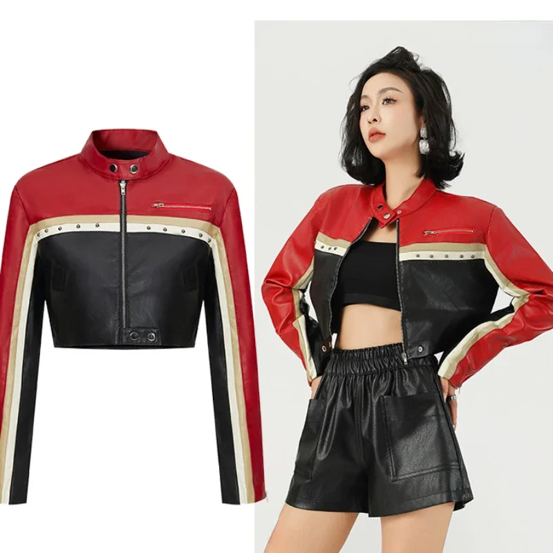 Nowa wiosna jesień moda damska Punk Biker Core Color Block Zipper Studded Detail Crop PU Leather Jacket Y2K Short Outerwear