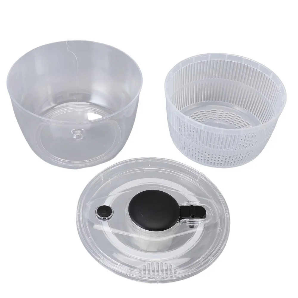PP Salad Spinner Large Capacity Transparent Black Vegetable Washer Spinner Bowl Manual Operation Non Slip Base Salad Washer