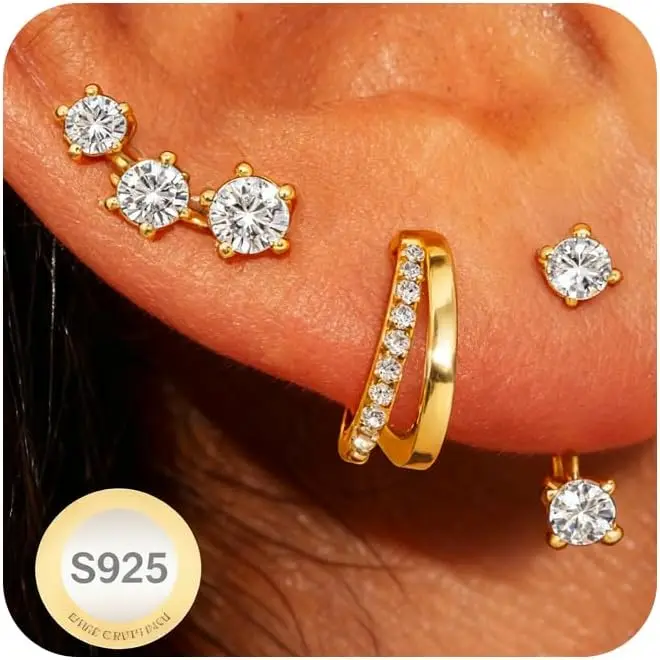 

3 Pair Sterling Silver Studs Hoop Earrings Set for Women Hypoallergenic 14K Gold Earring Stacks Small