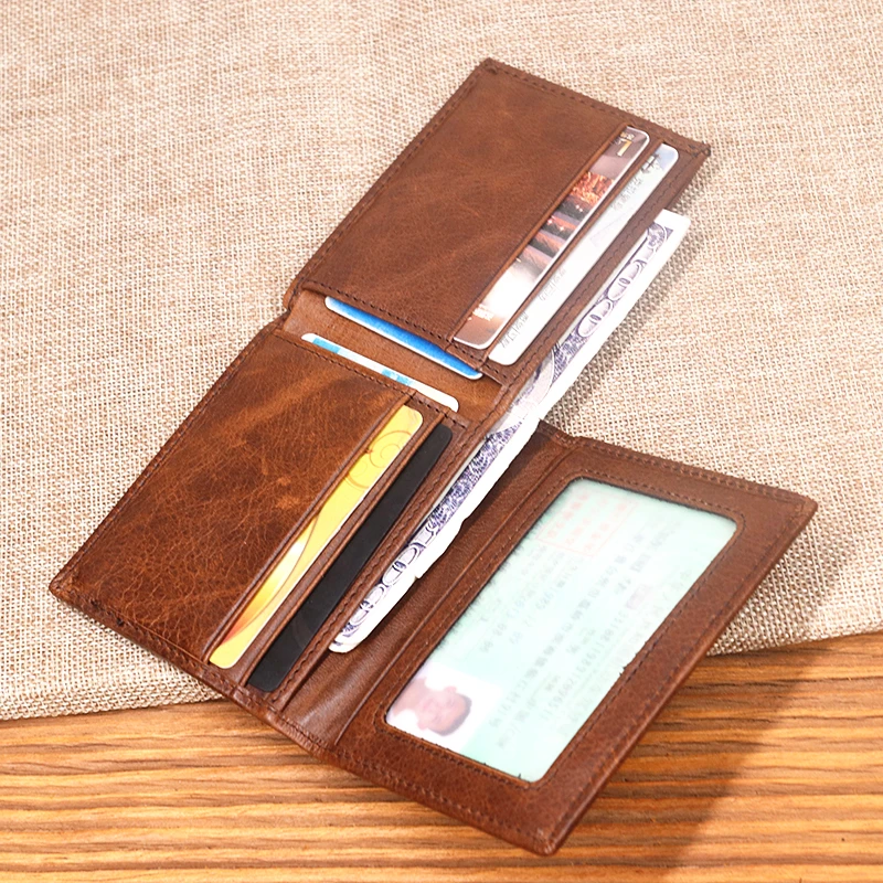 

Genuine Leather Wallet For Men Male Natural Cowhide Vintage Business Short Bifold Men's Purse With Credit Card Holder ID Window