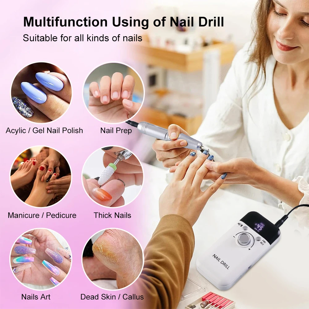 Nail Drill for Gel Nails Polish Salon Nail Equipment Electric Professional Nail Lathe 45000rpm Portable Rechargeable Low Noise