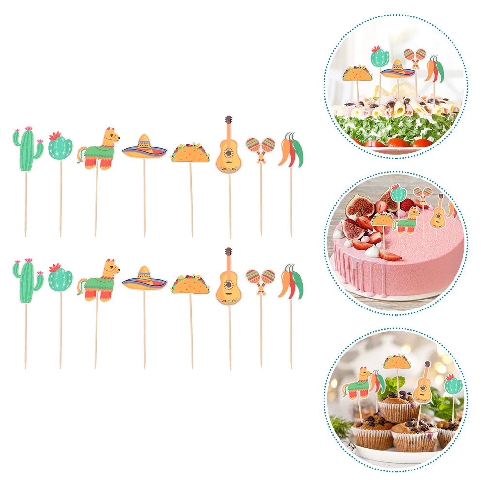 16 Pcs Insert Card Cake Topper Mexican Party Cupcake Paper Cartoon Ornaments Picks