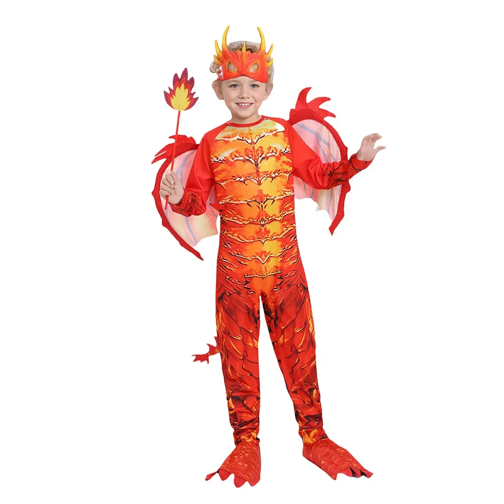 

Kids Flame Dragon Rider Knight Jumpsuit Wing Mask Suit Cosplay Costume Boys Dinosaur Fire Breathing Dragon Halloween Costume