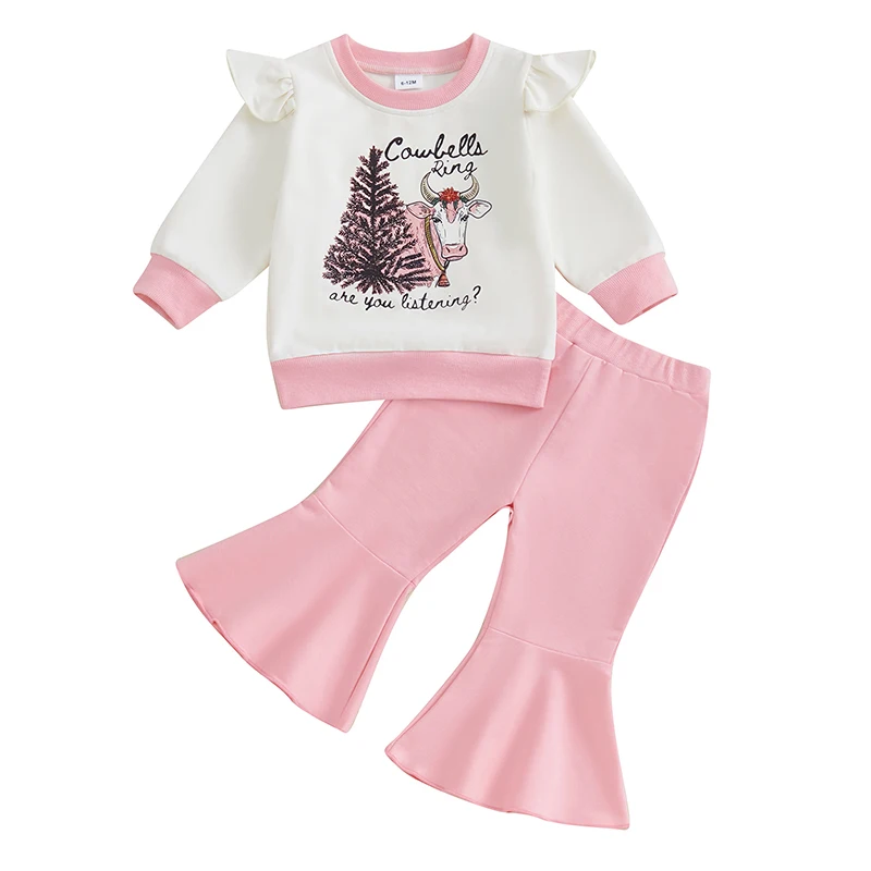 

Kid Girls Pants Set Long Sleeve Cow Print Sweatshirt with Flare Pants Clothing Set