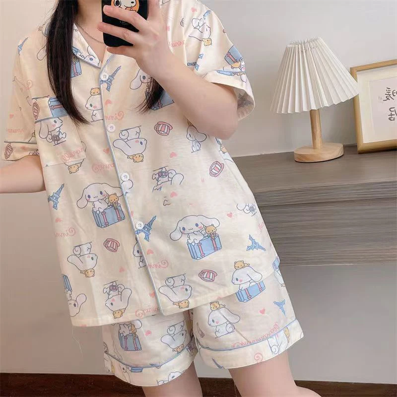 Sanrio Hellokitty Nighty Suit Anime Kuormi Cinnamoroll My Melody Cartoon Print Homewear Cute Lapel Cardigan Pajama Set Girl Gift