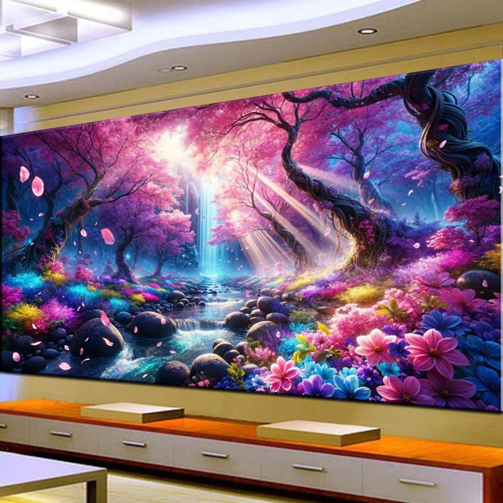 5D DIY Enchantment Stream,Pink Cherry Blossoms Sunshine Nature Large Landscape Diamond Painting Cross Stitch Diamond Embroidery