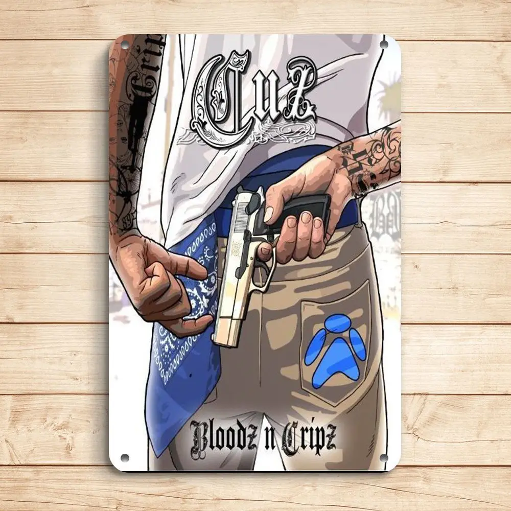 

8x12" Vintage-Inspired Metal Tin Sign with "Cuz" Motivational Quote - Featuring Bold Handgun & Blue Bandana Design - Ideal