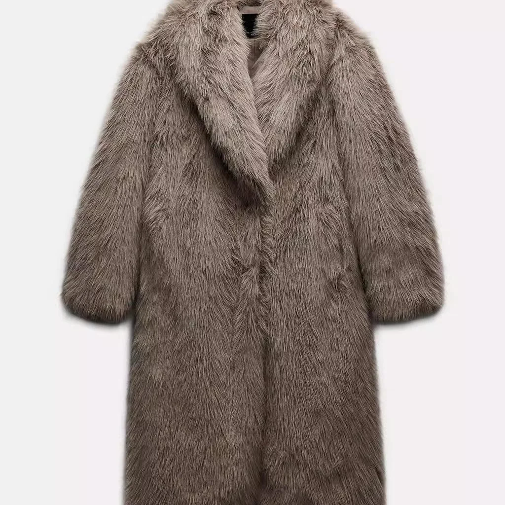 معطف طويل أنيق بتأثير الفرو الصناعي، ملابس نسائية جديدة لفصلي الخريف والشتاء، ياقة على شكل V مع تفاصيل الجيوب، ملابس خارجية س...