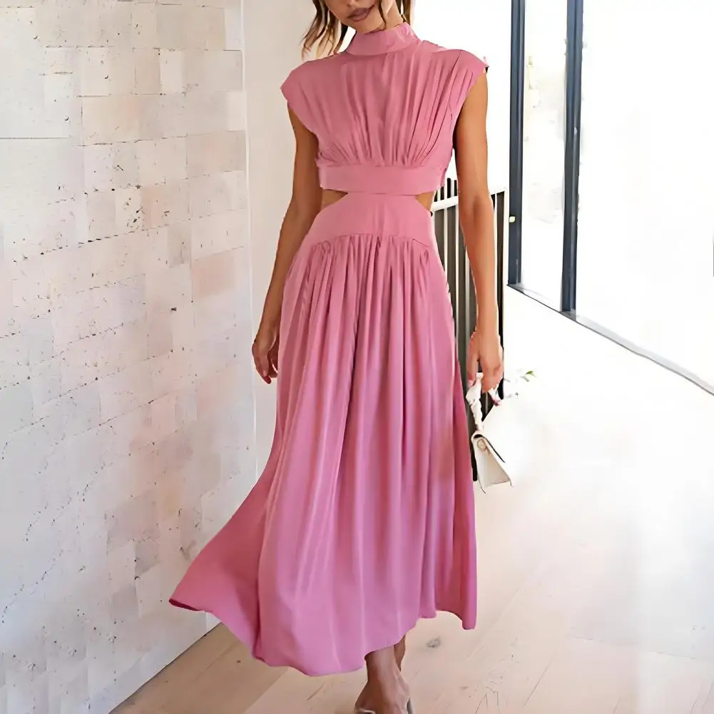 Robe longue élégante à col montant pour femmes, tenue de soirée de Cocktail plissée, ligne a, mode vacances pour femmes