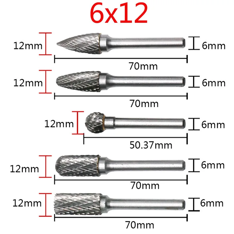 

O50 5pcs/set Assorted 12mm Head Tungsten Carbide Rotary Point Burr Die Grinder Bit 6mm Shank Milling Cutter Abrasive Tools