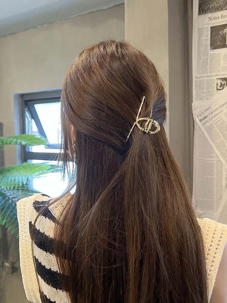 Chinese Style Lucky Bamboo Hair Claw Clip Medium 7.5cm Gold Silver Plated Alloy Elegant For Women Thin Hair Summer Half Up Wear