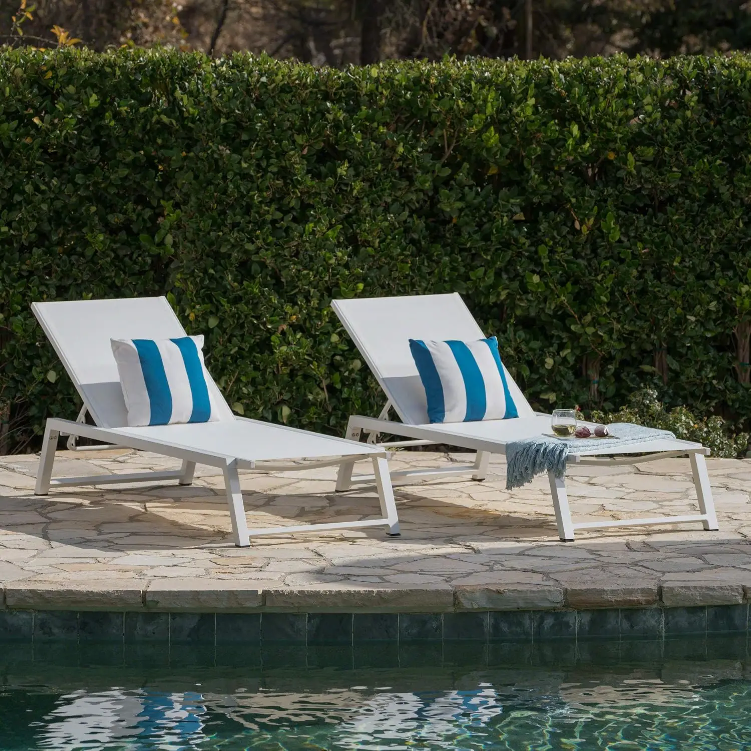 Outdoor Mesh Chaise Lounge 2-Pcs Set White Frame Patio Poolside Furniture, Customized