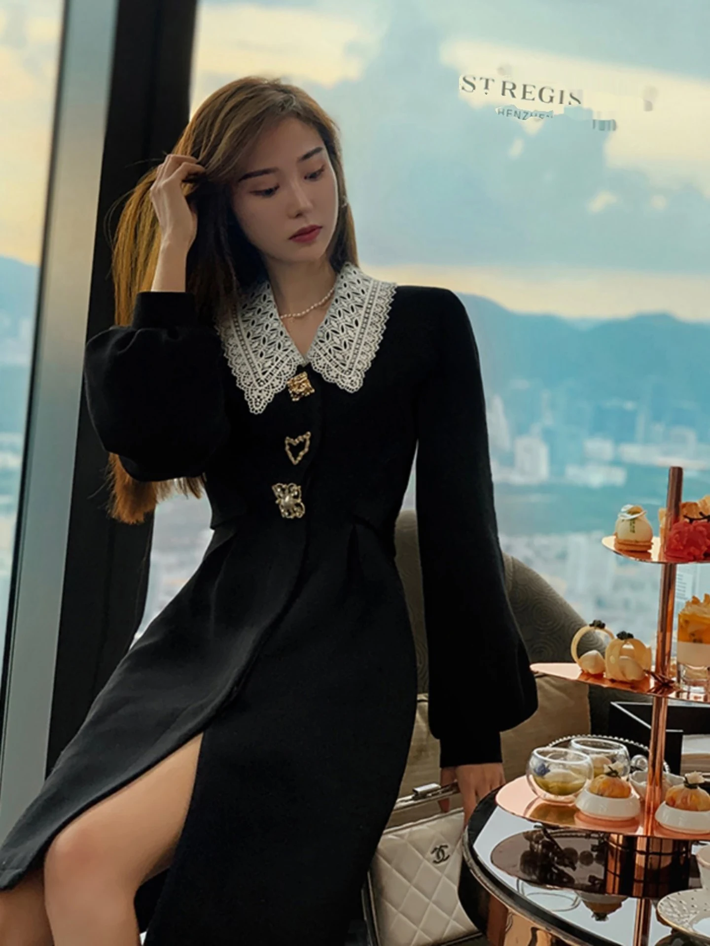 

Ele Bla Embroidered Collar Slim Fit Long Coat for Women Winter Faion Lace Patchwork Design High Quali Woolen Jaet