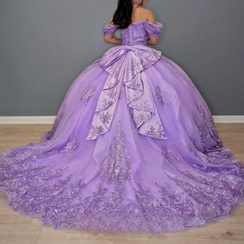 w Angelsbridep 2025 urocza lawendowa suknia balowa z odkrytymi ramionami sukienki na quinceanera z aplikacjami kokarda meksykańska sukienka na imprezę Vestidos de 15