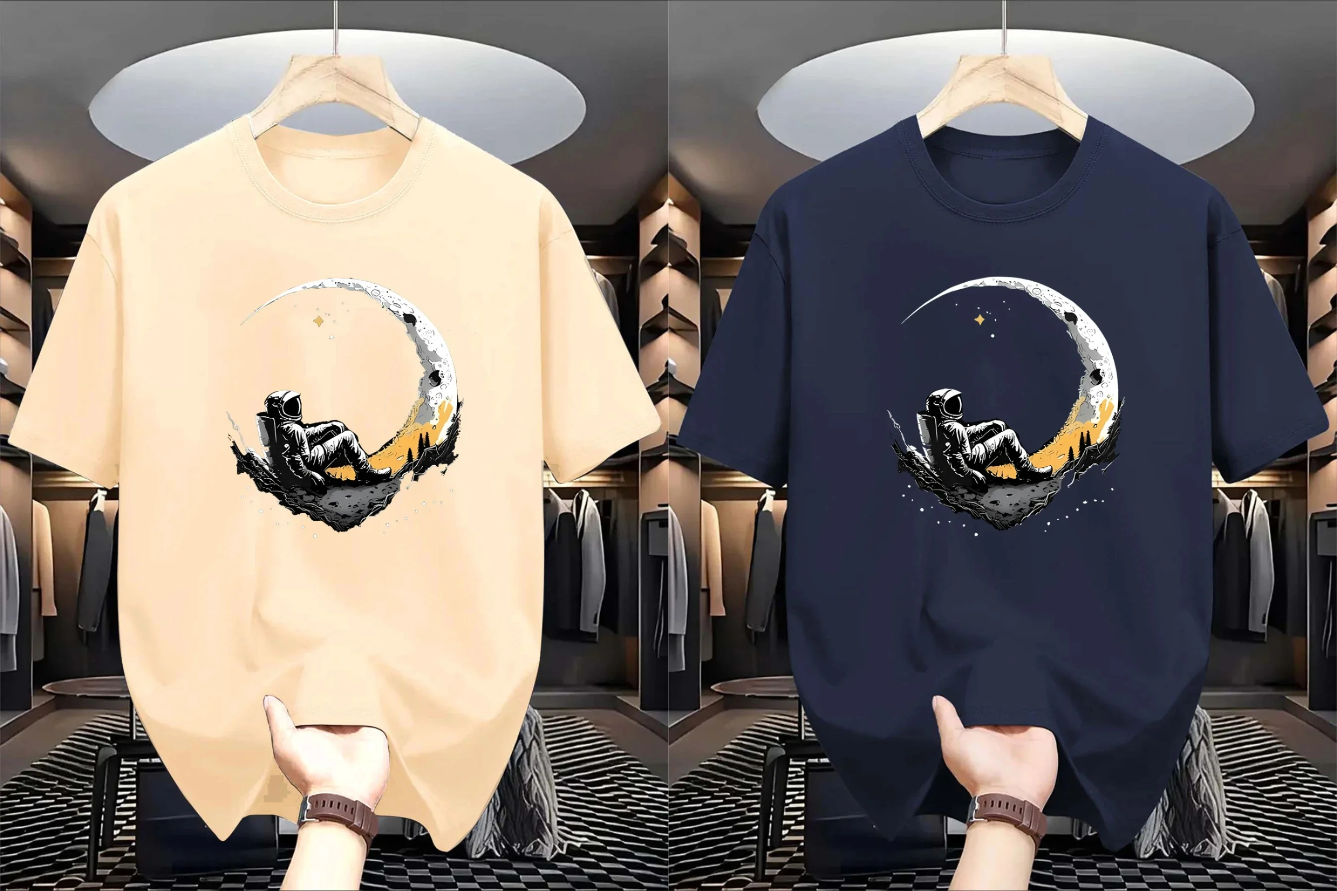 

Men's summer Quick Drying fashionable casual loose plus size landing moon pattern printed sport round neck short sleeved T-shirt