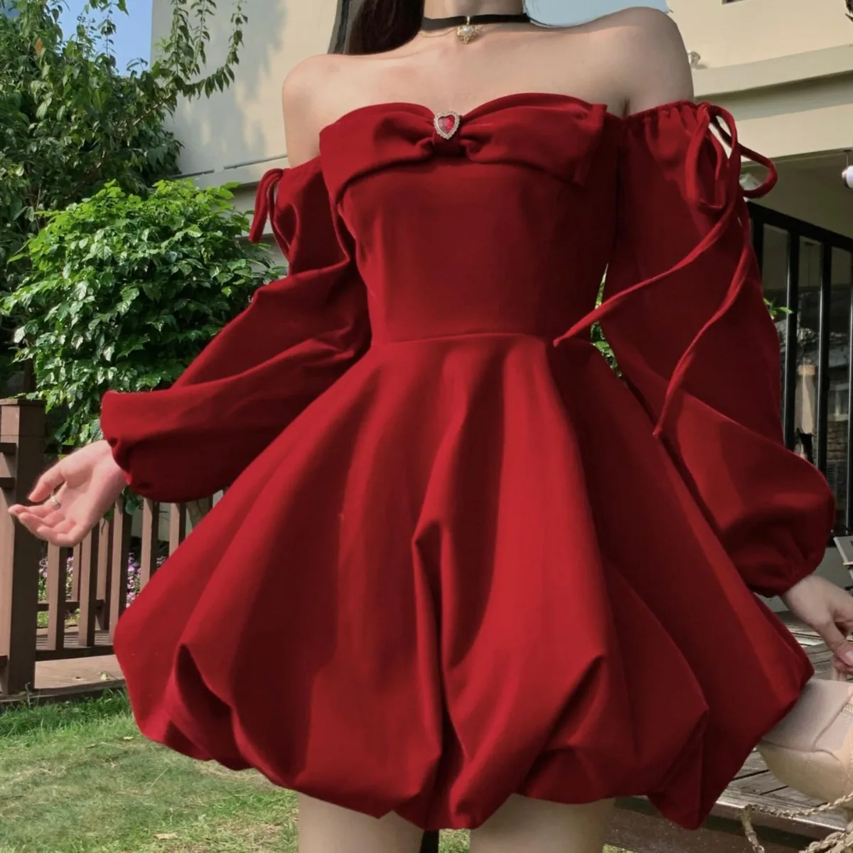 French Sweet Gentle Retro Velvet Red Dress Is Beautiful, Exquisite and High-End, Super Tulle