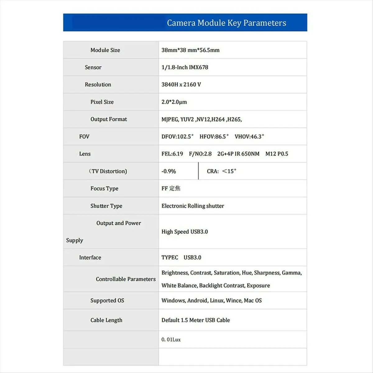 AU47-4K 8MP HD 1/1.8-Inch IMX678 Camera Module 60 FPS USB3.0 Type-C 0.01Lux Scanning Vending Machine MJPG YUY2 NV12 H264 H265