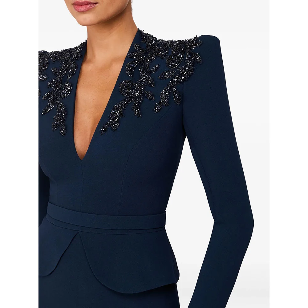 فستان سهرة فاخر على شكل حرف v وأكمام طويلة مطرز بالكريستال فساتين سهرة مستقيمة بطول الأرض فستان زفاف الضيوف حسب الطلب