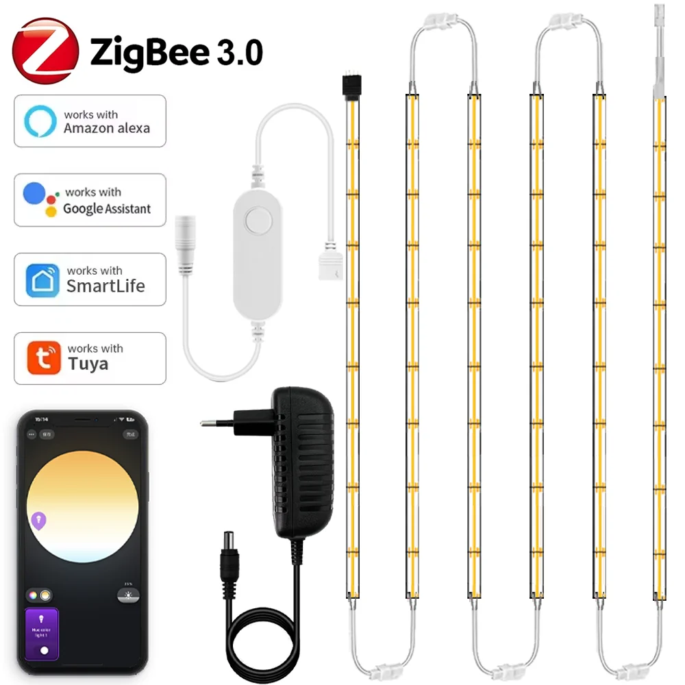 

Светодиодная лента Zigbee 12 В постоянного тока CCT COB 2700K-6500K Двухцветная светодиодная лента Линейные гибкие регулируемые светильники шириной 8 мм для Smartthing