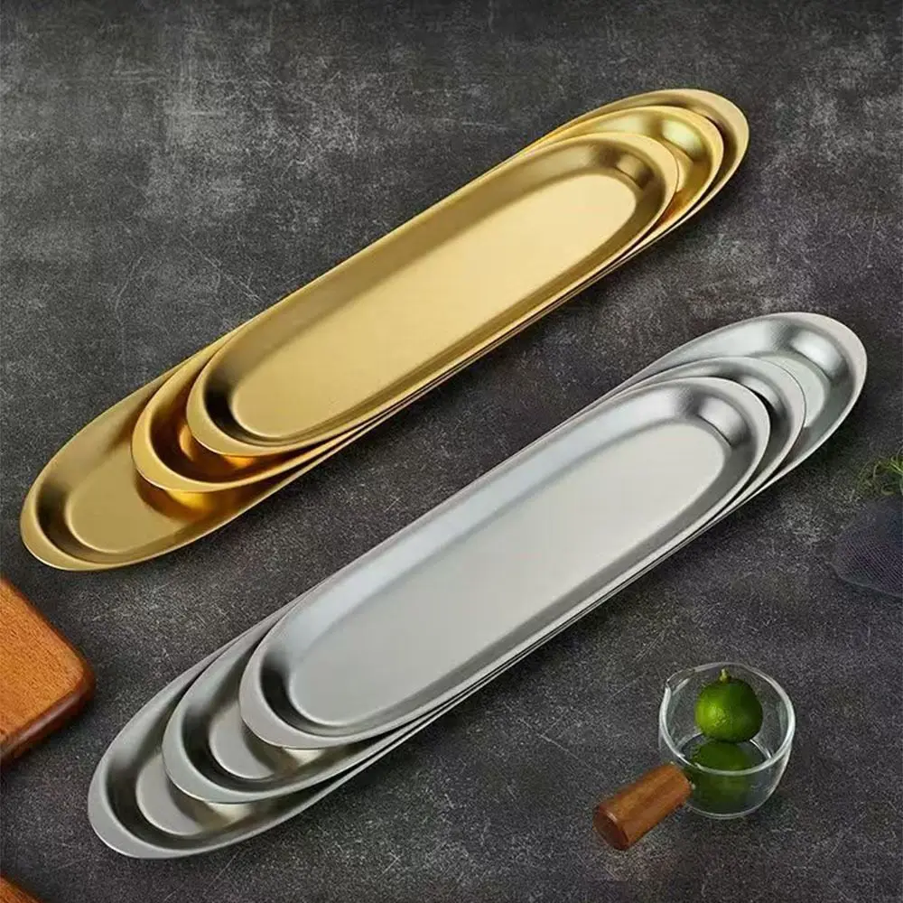 27/33/41cm Picnic BBQ Plate Long Plate Stackable Sushi Plate Stainless Steel Rust-Resistant Food Serving Dish Kitchen Use