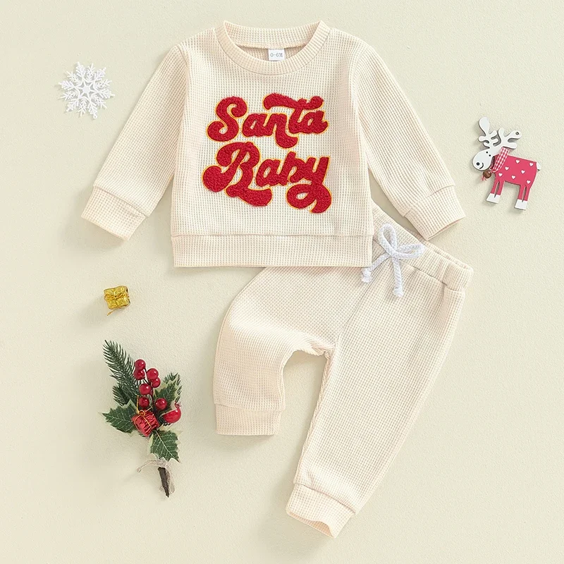 Baby Boy Girl Christmas Waffle Outfit Letter Embroidery Long Sleeve Sweatshirt Elastic Waist Pants 2 Piece Set image 4