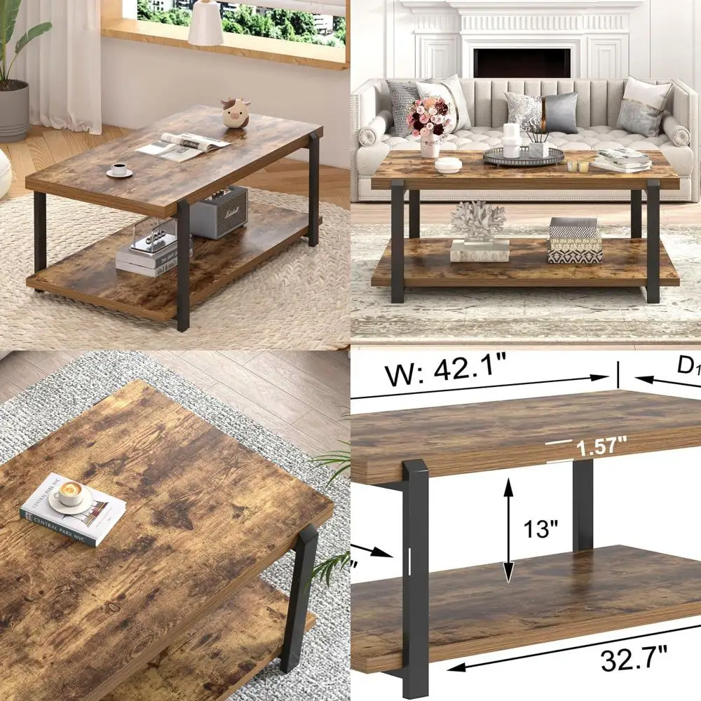 

Rustic Industrial-Style Coffee Table with Storage, Rectangular 2-Level Design for Living Spaces, Brown Finish