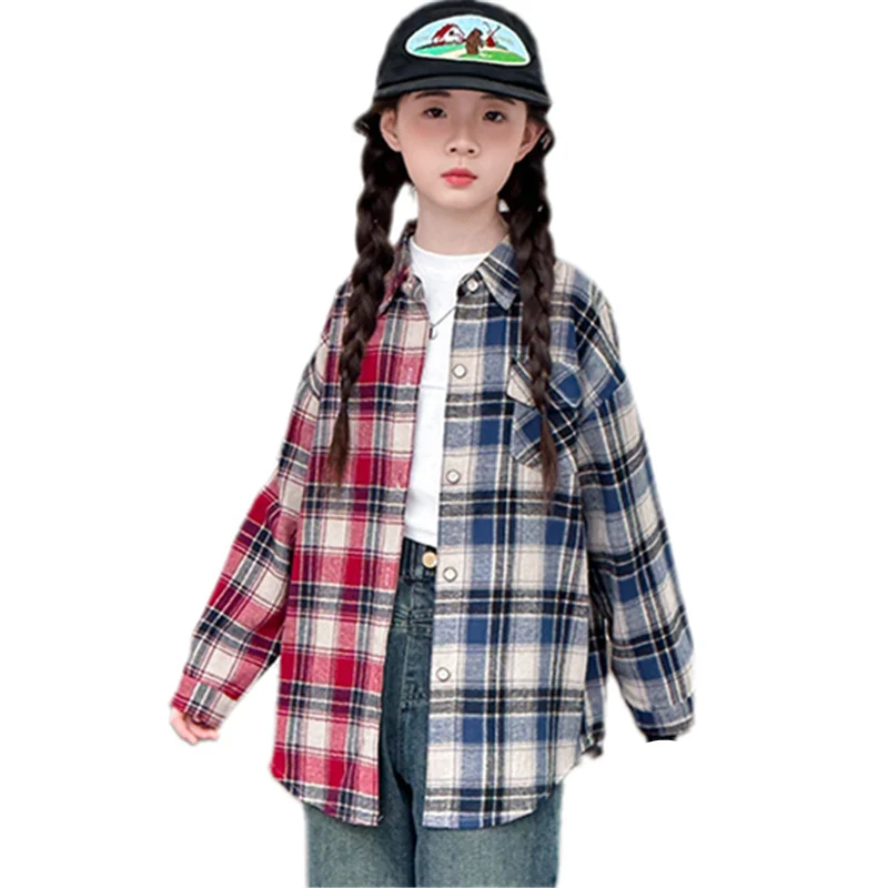 

New Designer Children Patchwork Plaid Shirt for Girls Spring Long Sleeve Shirt Fashion School Kids Clothing For Teenagers 5-14T