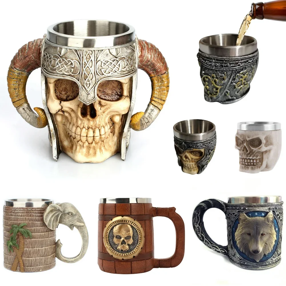 Taza de cerveza de calavera de resina 3D, taza de café de acero inoxidable, Copas de té de vino, vasos de Pub Bar, taza de agua, taza de café, regalo de decoración del hogar