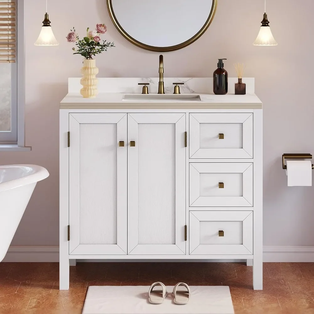 

36" Bathroom Vanity with Sink Combo, with Sintered Stone Countertop and Splash Guard, Three Holes, 2 Doors & 3 Drawers