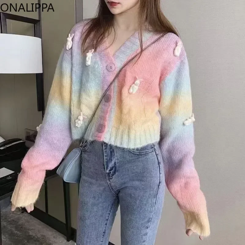 Onalippa Rainbow Color Contrast Sweet Knitted Cropped Cardigan Three Dimensional Rabbits Cardigans Slouchy Style Loose Sweater